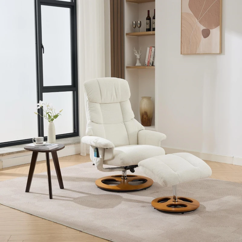 Chenille Upholstered Massage Recliner with Ottoman Footstool, 5-Point Massager, Ergonomic Backrest, 88L x 80W x 106H cm, White