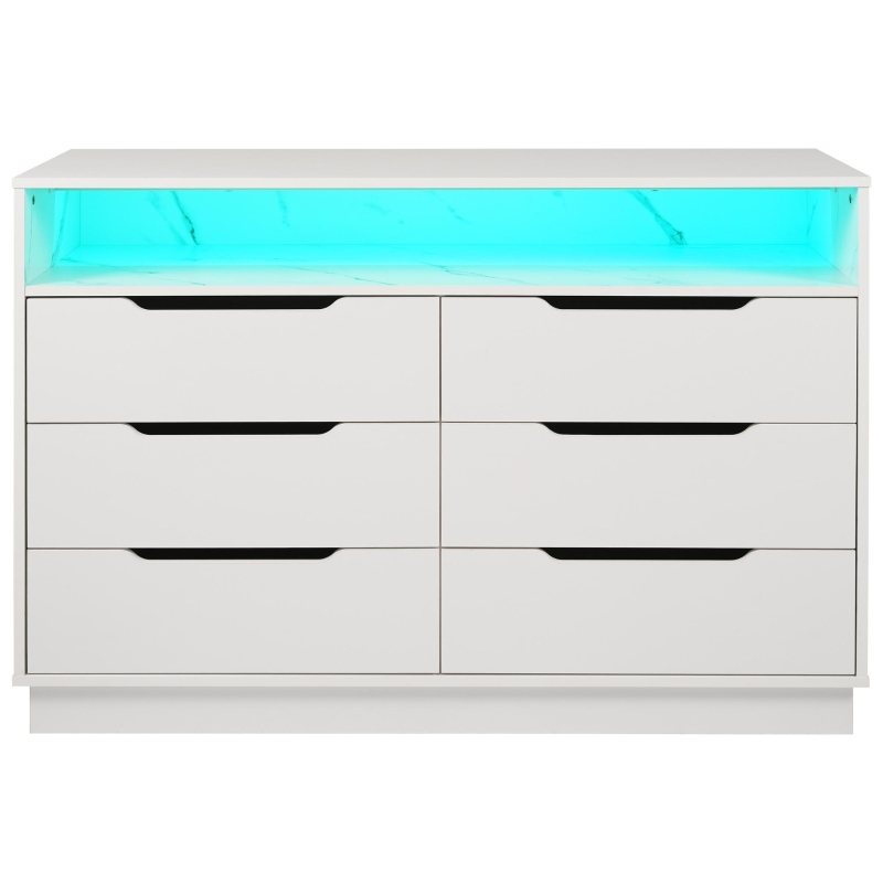 Marbled 6-Drawer Sideboard with RGB LED Lighting, Modern Storage Cabinet for Living Room or Home Office, 120L x 40W x 85H cm, White