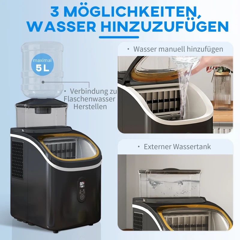 HOMCOM Eiswürfelmaschine, leiser Betrieb, kompaktes Design, mit Eiskorb, Schaufel, Schwarz