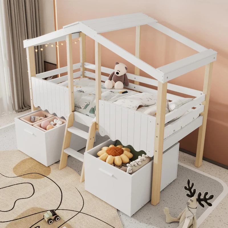 Children's Wooden Storage Bed with Safety Guardrail, Roof Design and Two Wheeled Storage Boxes, 196L x 98W x 158.5H cm, White+Natural