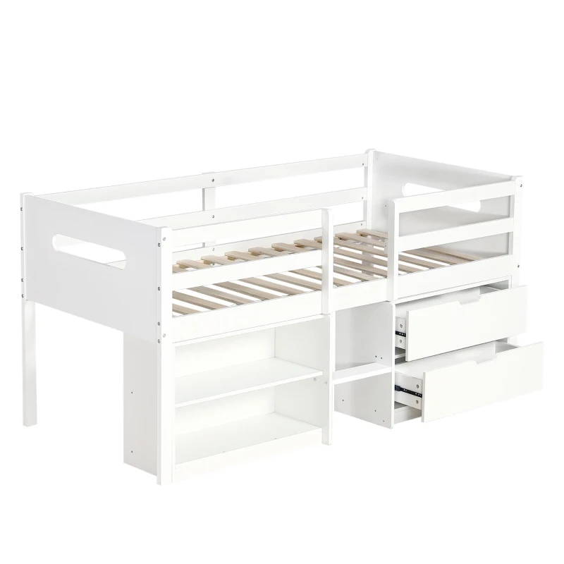 3ft Storage Bed with 2 Drawers and Compartments, Pine and Particle Board, for Children's Room - White