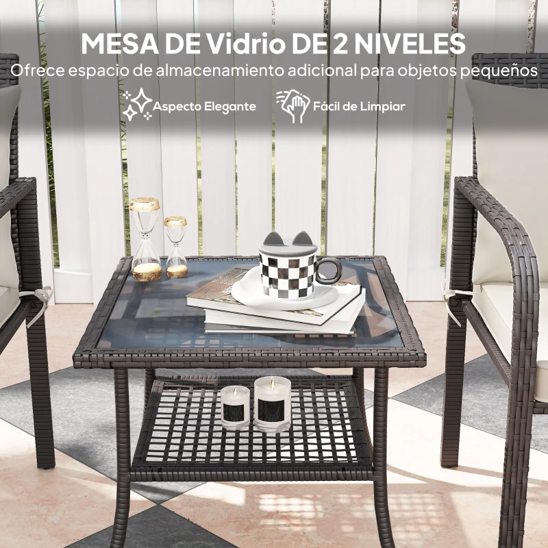 Outsunny Conjunto de Muebles de Jardín de Ratán Sintético con 2 Sillas con Cojines Acolchados y Mesa con Vidrio Templado Marrón
