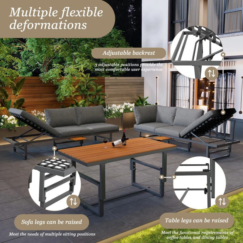 Outdoor Garden Furniture Set with 2 Sofas, Adjustable Wood Table, Galvanised Iron Frame, Cushions and Pillows, 250L x 186W x 76H cm, Grey