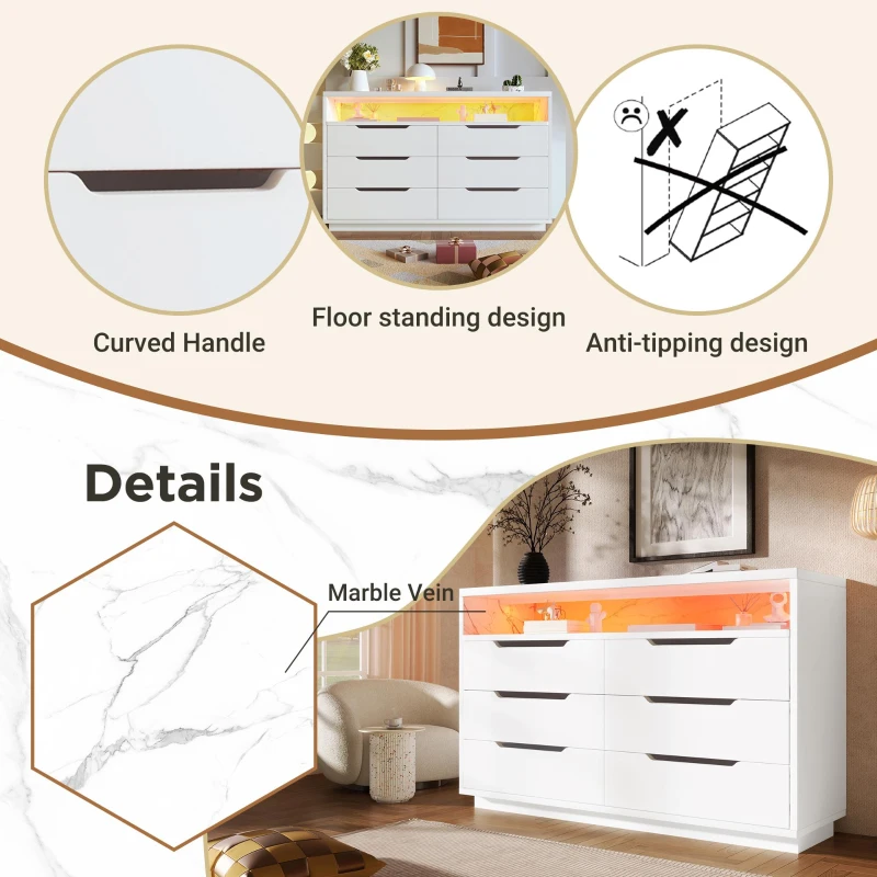 Marbled 6-Drawer Sideboard with RGB LED Lighting, Modern Storage Cabinet for Living Room or Home Office, 120L x 40W x 85H cm, White