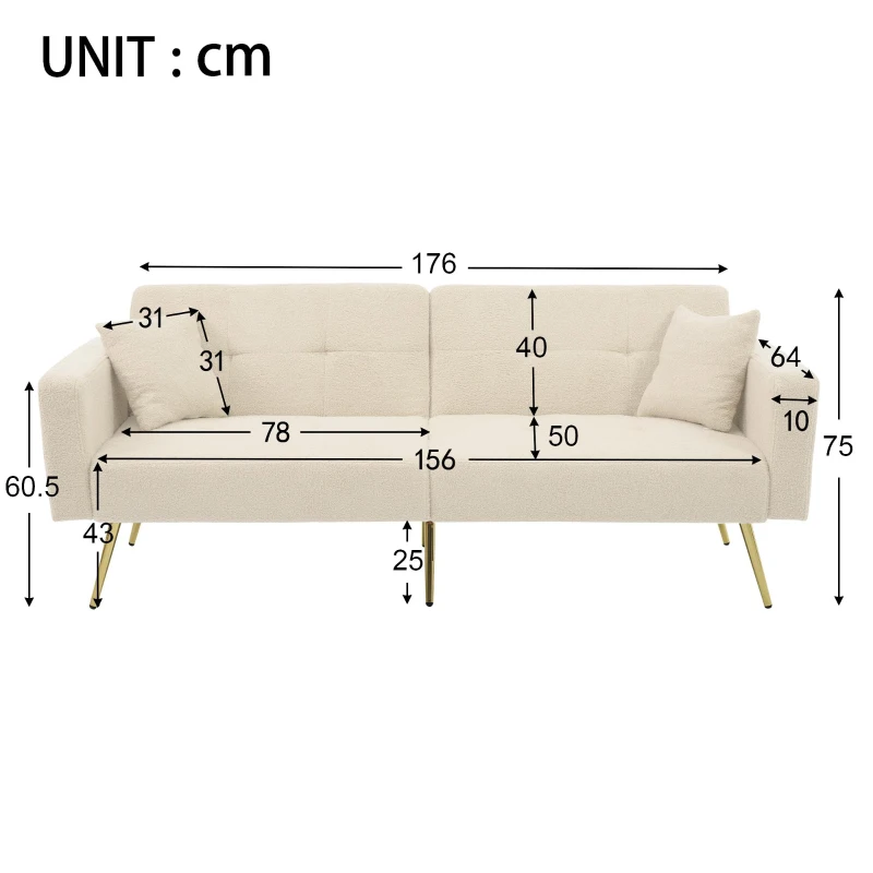 Sherpa Convertible Sofa Bed with 2 Side Pockets, Adjustable Backrest, Gold Legs, Elegant Loveseat for Bedroom, 176L x 64W x 75H cm, Beige