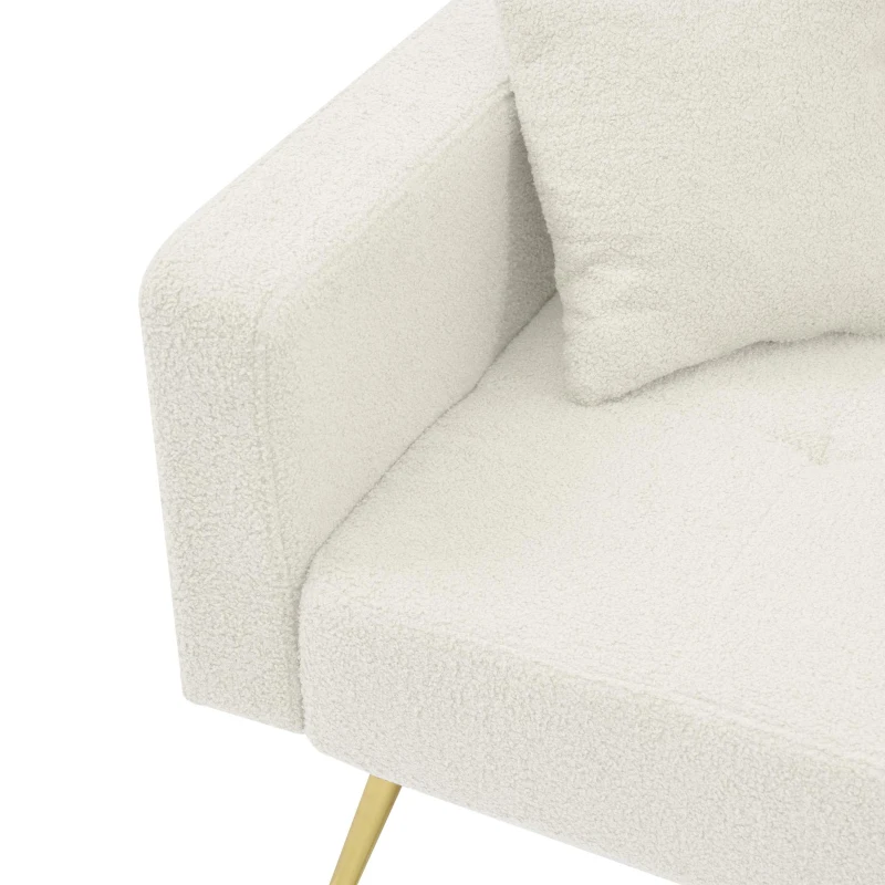 Convertible Sofa Bed with Adjustable Backrest, Sherpa Fabric, Gold Legs, Loveseat with Side Storage Pockets, 176L x 64W x 75H cm, White