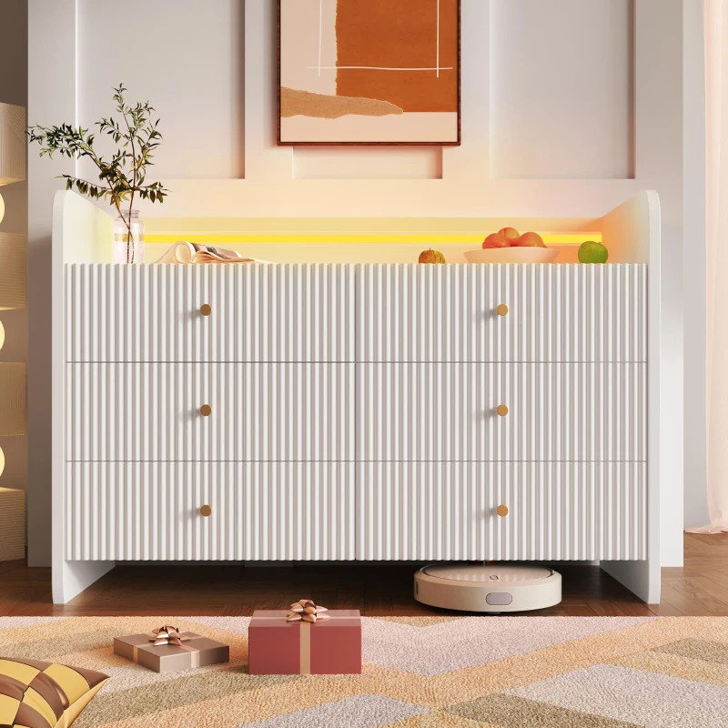 Fluted 6-Drawer Sideboard with RGB LED Lighting, Modern Storage Cabinet for Living Room, Bedroom, Dining Room, Office, 120L x 40W x 75H cm, White