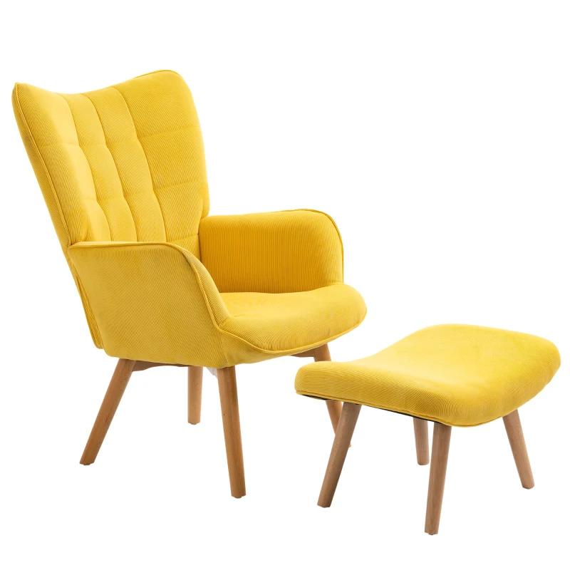 HOMCOM Akzentsessel mit Hocker, Relaxsessel in Cord-Optik, Armlehnstuhl mit Holzbeinen, für Wohnzimmer, Gelb