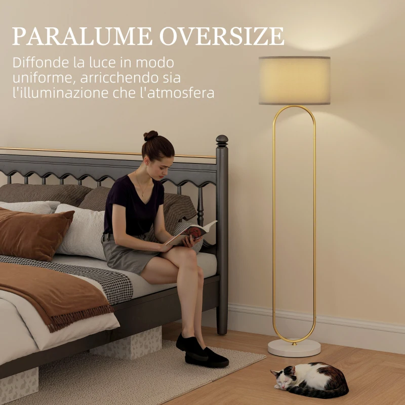 HOMCOM Lampada da Terra Moderna con Paralume in Tessuto, Doppio Tubo Metallico e Interruttore a Pedale, Oro