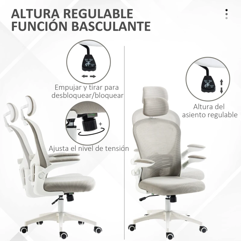 Vinsetto Silla de Oficina de Malla Silla de Escritorio Respaldo Alto Reposacabezas Ajustable Soporte Lumbar 4D 62x64x120 cm Gris