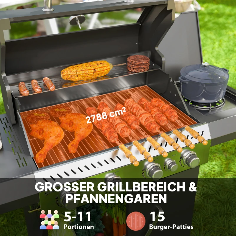 Outsunny Gasgrill 12 KW Grillwagen inkl 5 Brenner Seitenkocher Rolle Deckel Thermometer Seitenablagen 135 x 54 x 110 cm(m-4)