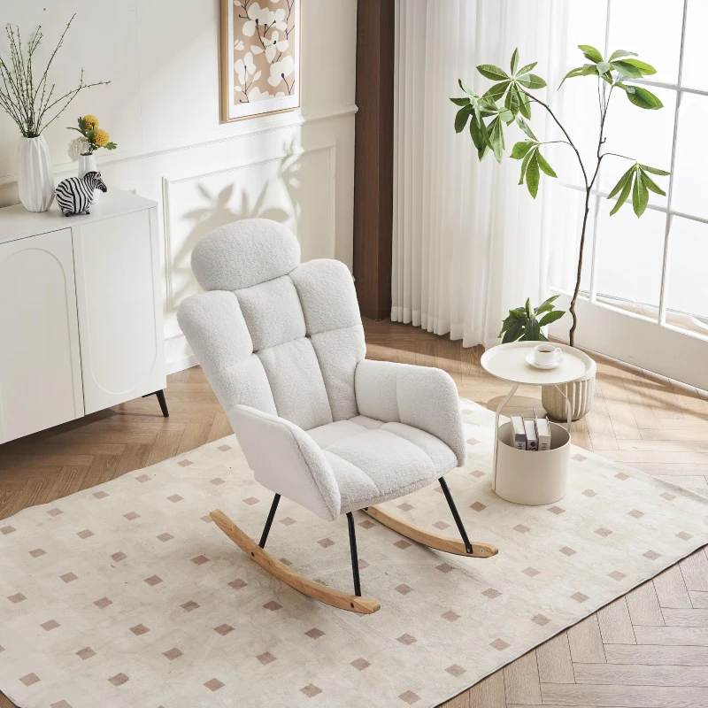 Teddy Fabric Rocking Chair with Tufted Upholstery, Padded Seat, Ergonomic Backrest, Ideal for Bedroom, Hallway, 102L x 70W x 105H cm, White