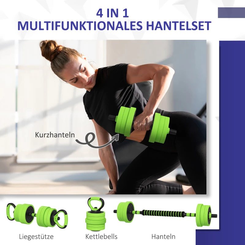 SPORTNOW Zestaw Hantli 4w1 20 kg - regulowana krótka sztanga & sztanga Kettlebell z uchwytami do pompek Zielony