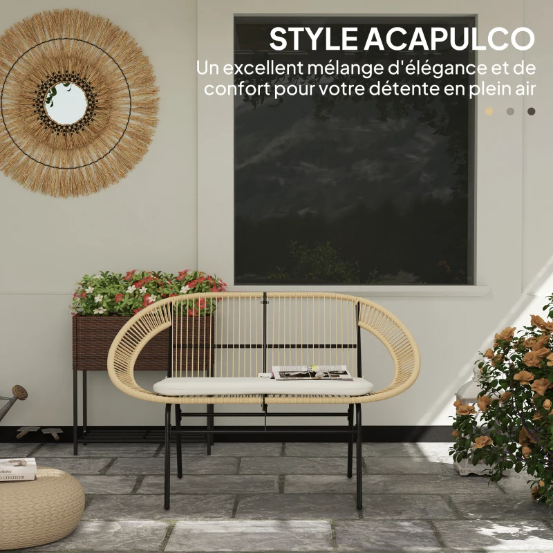 Outsunny Banc de jardin 2 places, banc extérieur jardin en acier, style Acapulco, avec dossier et coussin, 126 x 72 x 83 cm, kaki