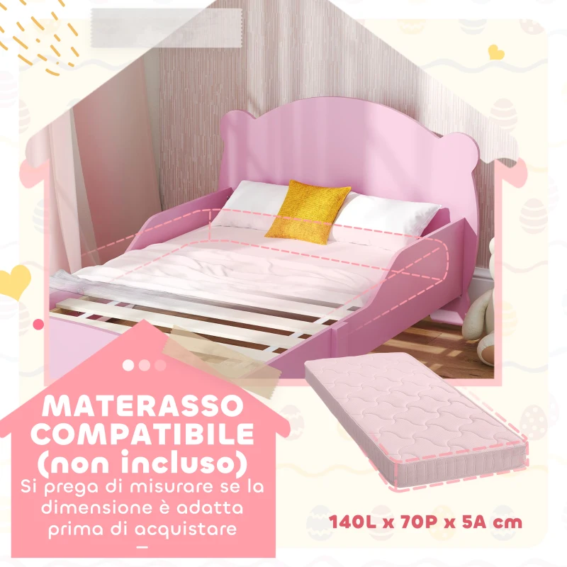 AIYAPLAY Lettino per Bambini con Testiera e Pediera a Orso e 2 Sponde Laterali, in Legno, 143.5x80x55 cm, Rosa