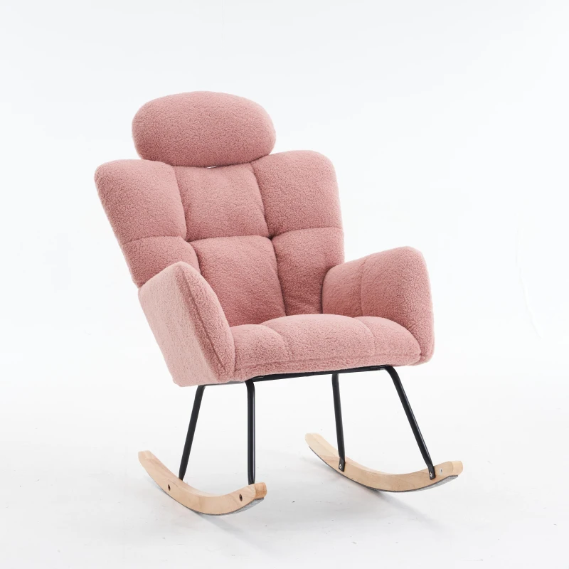 Upholstered Tufted Teddy Fabric Rocking Chair with Headrest and Backrest, Wooden Frame, Painted Metal Base, 102L x 70W x 105H cm, Pink