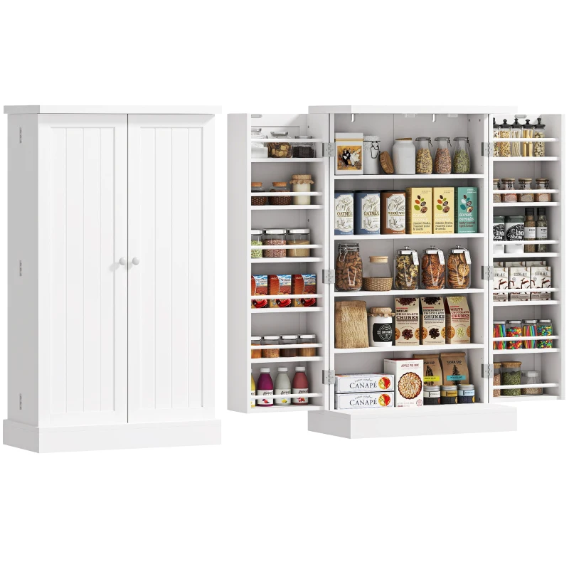 HOMCOM Armoire meuble de cuisine garde-manger 2 portes avec 5 étagères et 12 étagères - dim. 60L x 30l x 104H cm - blanc