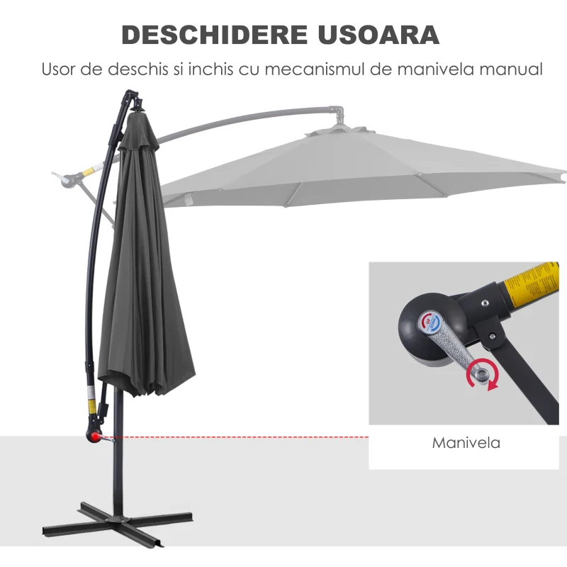 Outsunny Umbrela pentru Exterior Structura din Otel si Poliester Impermeabil Anti-UV Φ300x250cm Gri