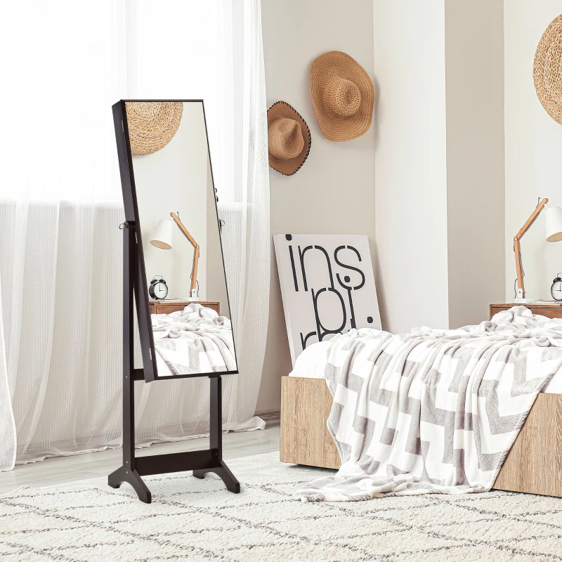 HOMCOM Armoire à Bijoux avec Miroir à Pied Multi-Rangement Inclinaison réglable Serrure dim. 46L x 36,5l x 151,5H cm Marron