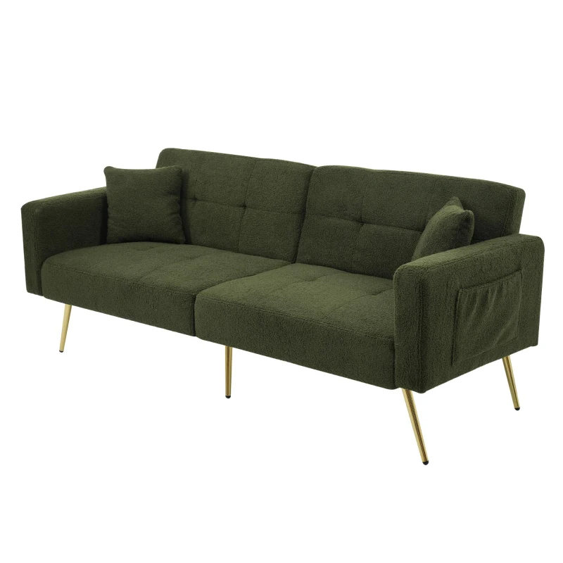 Convertible Sofa Bed with Adjustable Backrest, Gold Legs, Side Pockets, Sherpa Fabric Loveseat for Living Room, 176L x 64W x 75H cm, Green