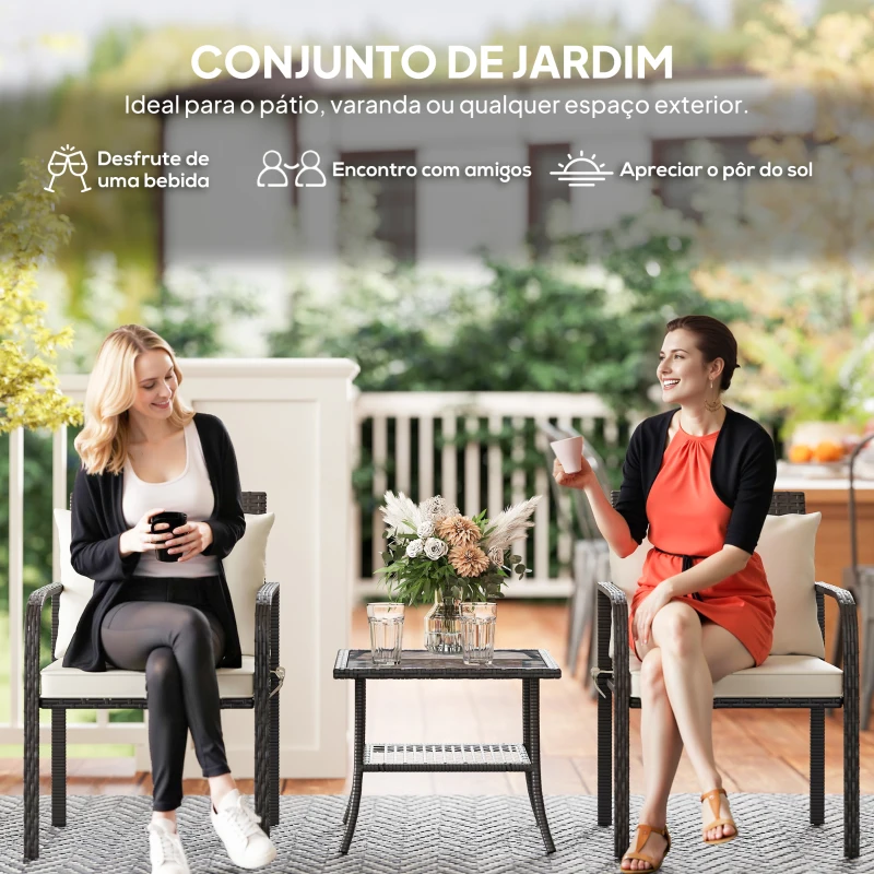Outsunny Conjunto de Jardim de 3 Peças com 2 Cadeiras e Mesa com Prateleira e Bancada de Vidro Marrom Escuro e Creme