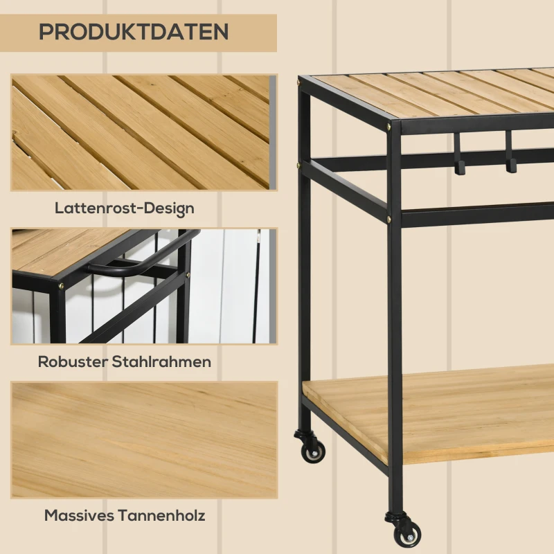 Outsunny Servierwagen im Industrie-Design, wetterbeständig, 3 Haken, 1 Regal,107 cm x 65 cm x 80 cm, Schwarz +Natur
