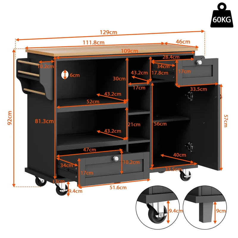 Mobile Kitchen Trolley with 5 Wheels, Drawers and Cupboards, Wooden Worktop, Food Cart for Kitchen Organization, 129L x 46W x 92H cm, Black