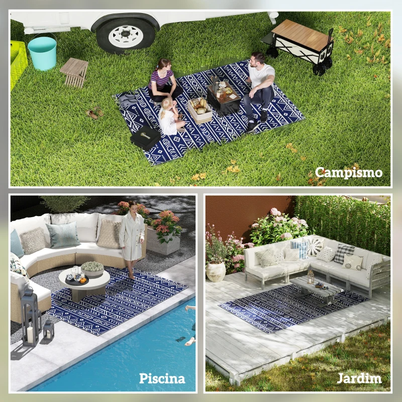 Outsunny Tapete de Exterior 182x274 cm Tapete Reversível com Padrão Geométrico e Bolsa de Transporte Azul