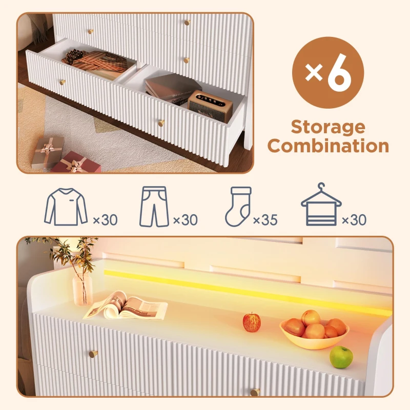 Fluted 6-Drawer Sideboard with RGB LED Lighting, Modern Storage Cabinet for Living Room, Bedroom, Dining Room, Office, 120L x 40W x 75H cm, White
