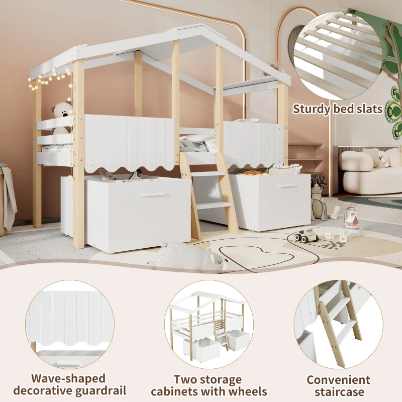 Children's Wooden Storage Bed with Safety Guardrail, Roof Design and Two Wheeled Storage Boxes, 196L x 98W x 158.5H cm, White+Natural