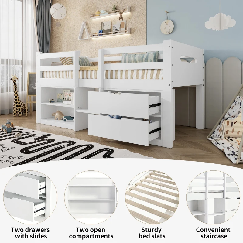 3ft Storage Bed with 2 Drawers and Compartments, Pine and Particle Board, for Children's Room - White