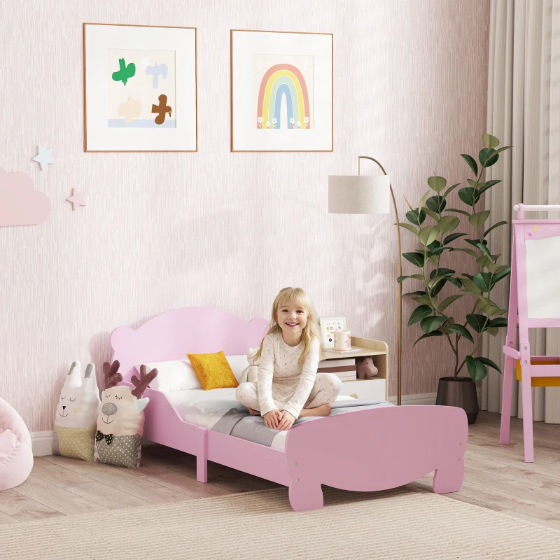 AIYAPLAY Lettino per Bambini con Testiera e Pediera a Orso e 2 Sponde Laterali, in Legno, 143.5x80x55 cm, Rosa