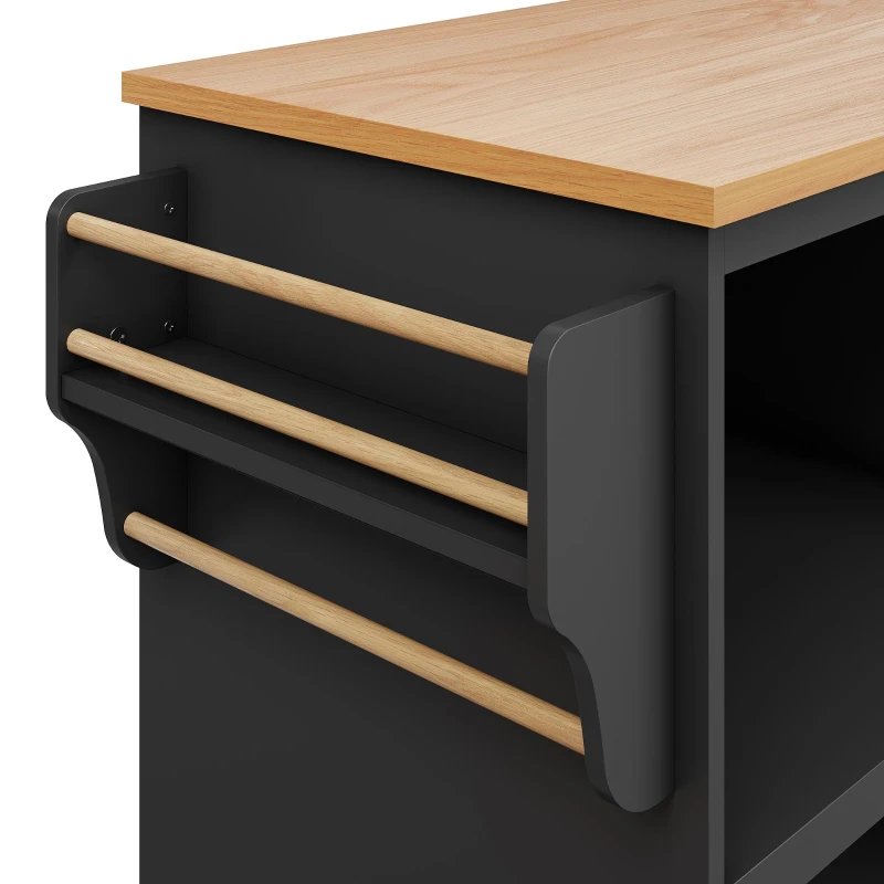 Mobile Kitchen Trolley with 5 Wheels, Drawers and Cupboards, Wooden Worktop, Food Cart for Kitchen Organization, 129L x 46W x 92H cm, Black