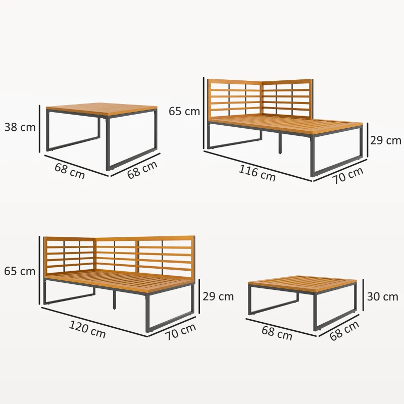 Outsunny Conjunto de Jardín Exterior con 2 Sofás de 2 Plazas Sofá de Esquina y Mesa de Centro de Madera con Cojines Gris y Teca