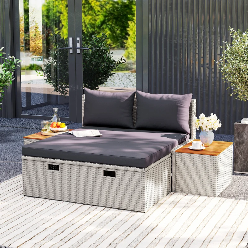 Outsunny Polyrattan Sonnenliege für 2 Personen Doppelliege mit Fußhocker Stauraum Auflagen 125x114x72,5 cm Grau(m-9)