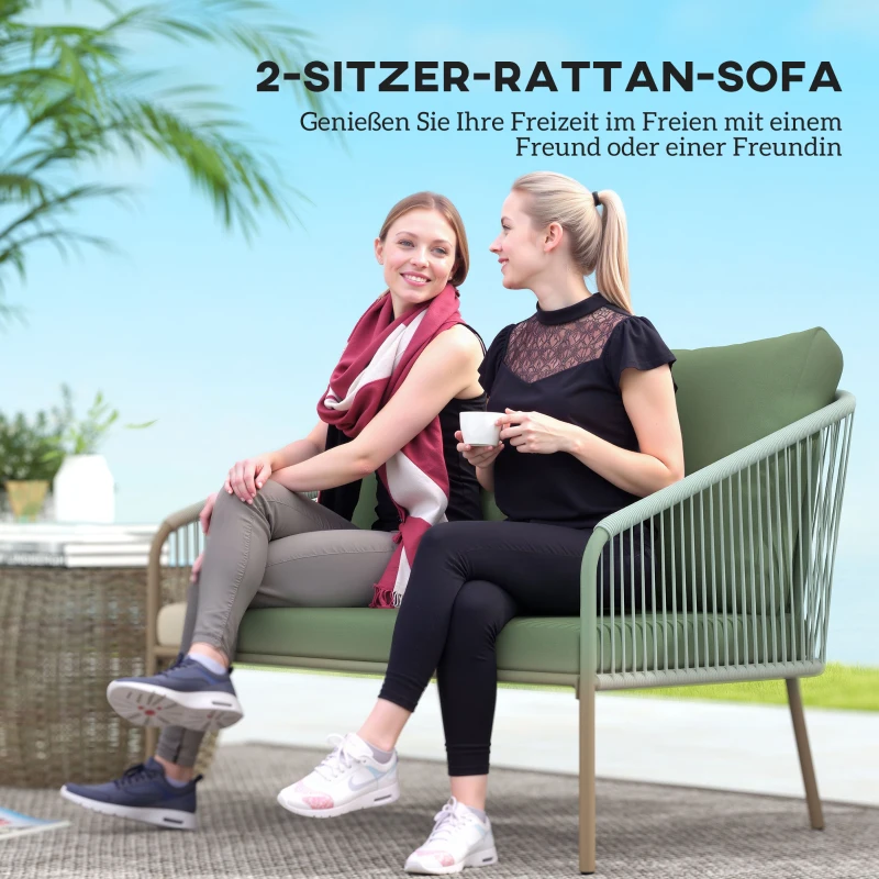 Outsunny Gartensofa mit Kissen 2-Sitzer Rattan Sofa Lounge Sofa Outdoor Balkon Sofa 112 x 72 x 76 cm Grün(m-4)