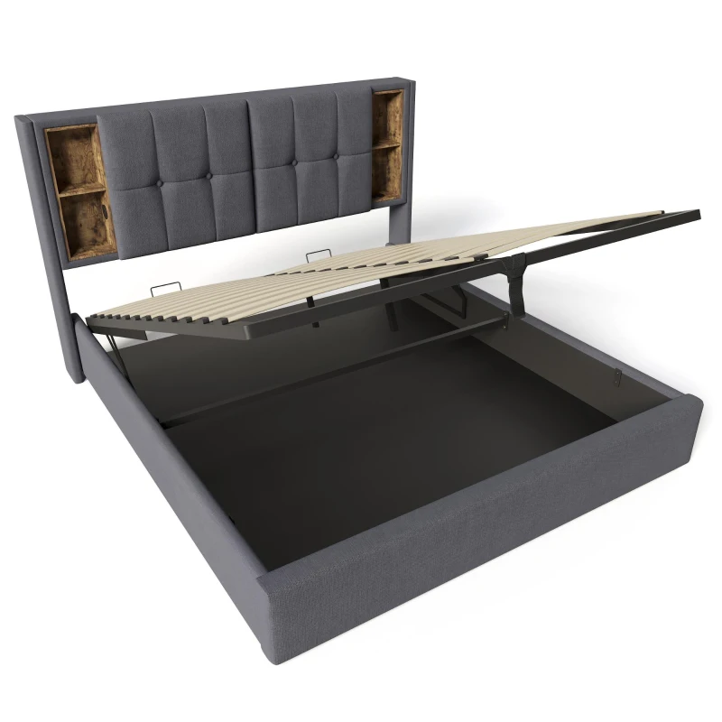 Upholstered Double Bed with Wireless Charging and Hydraulic Storage, Linen Fabric King Size Bed Frame, 206L x 155W x 100.5H cm, Grey