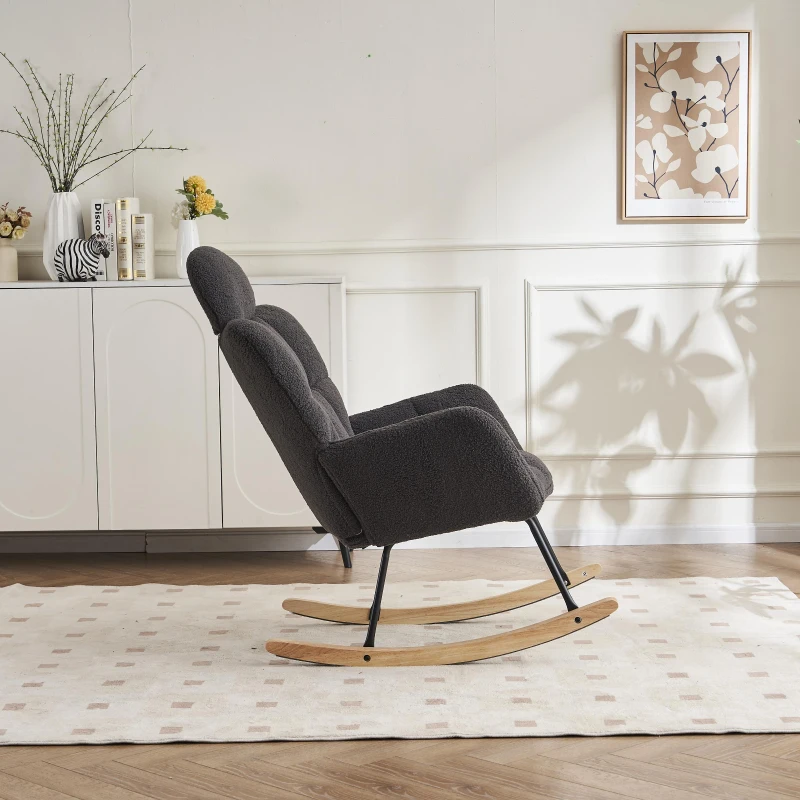 Ergonomic Teddy Fabric Rocking Chair with Tufted Seat, Headrest and Backrest, Painted Metal Base, 102L x 70W x 105H cm, Dark Grey