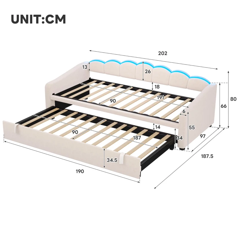 Petal Shape Sofa Bed with RGB LED Lighting, Velvet Upholstered Daybed with Trundle, 202L x 187.5W x 80H cm, Beige