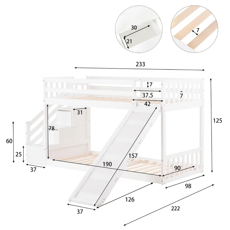 Bunk Bed with Stairs and Slide, Solid Pine Wood Frame, Children's Bed with Storage Drawers, Modern and Sturdy Design, 233L x 223W x 125H cm, White