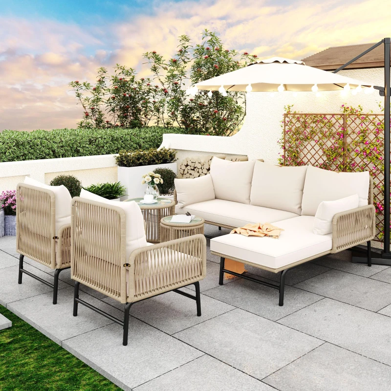Hand-Woven Garden Lounge Sofa Set with 2 Armchairs, 2 Two-Seater Sofas, 2 Round Tables, Ideal for Patio, Terrace, 187L x 124W x 78H cm, Beige