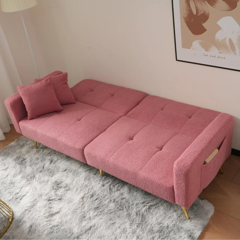 Convertible Sofa Bed with Adjustable Backrest, Gold Legs, Side Pockets, Sherpa Fabric Sleeper Sofa for Bedroom, 176L x 64W x 75H cm, Pink