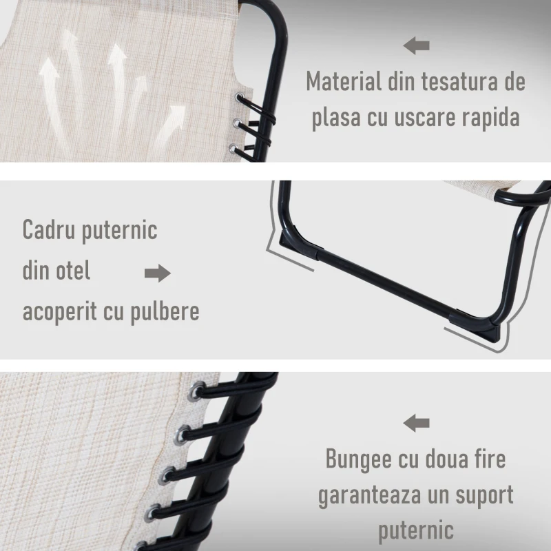 Outsunny Sezlong portabil din otel si material tip plasa, care permite circularea aerului, cu spatar reglabil pe 4 pozitii, 197x58x26 cm, negru si crem