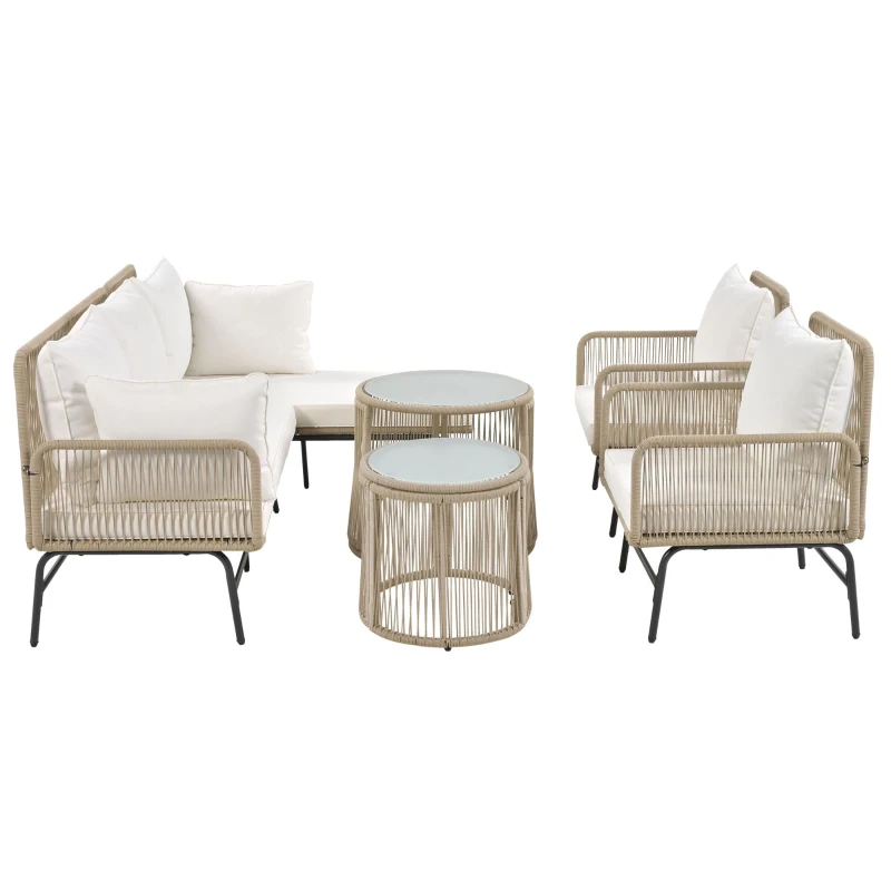 Hand-Woven Garden Lounge Sofa Set with 2 Armchairs, 2 Two-Seater Sofas, 2 Round Tables, Ideal for Patio, Terrace, 187L x 124W x 78H cm, Beige