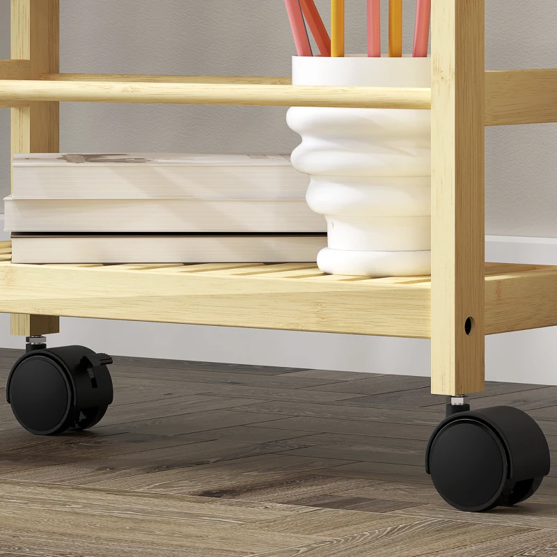 HOMCOM Scaffale Bagno a 3 Livelli con Ruote, Carrellino in Legno di Bambù, 36x15x73 cm, Colore Legno