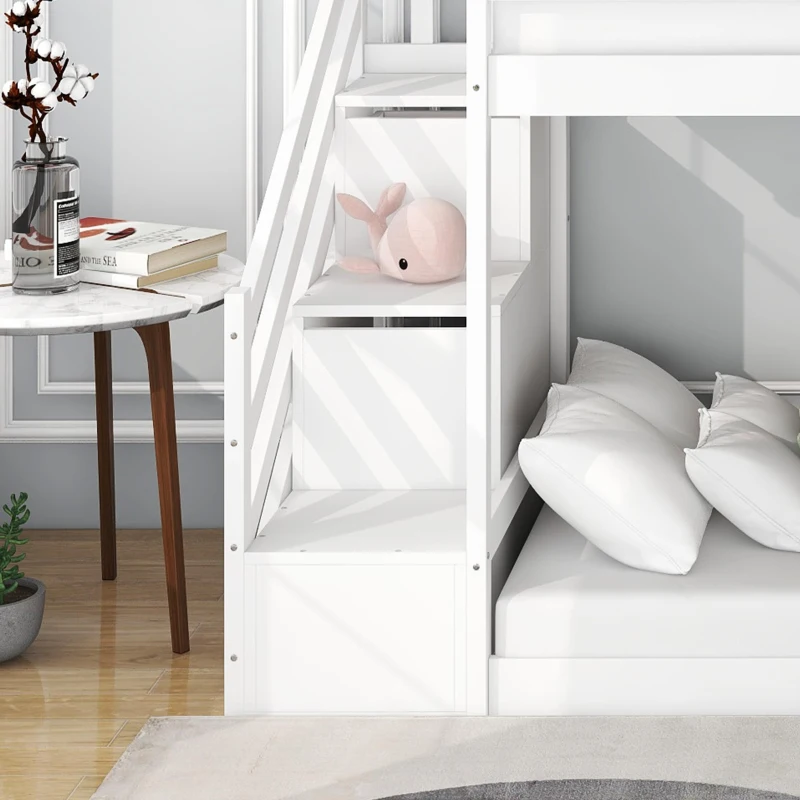 Bunk Bed with Stairs and Slide, Solid Pine Wood Frame, Children's Bed with Storage Drawers, Modern and Sturdy Design, 233L x 223W x 125H cm, White