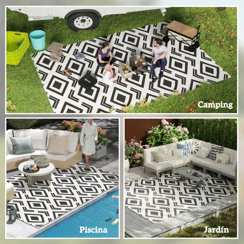 Outsunny Alfombra de Exterior Reversible 182x274 cm con Patrón Geométrico Impermeable con Bolsa Blanco y Negro