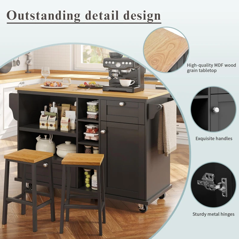 Mobile Kitchen Trolley with 5 Wheels, Drawers and Cupboards, Wooden Worktop, Food Cart for Kitchen Organization, 129L x 46W x 92H cm, Black