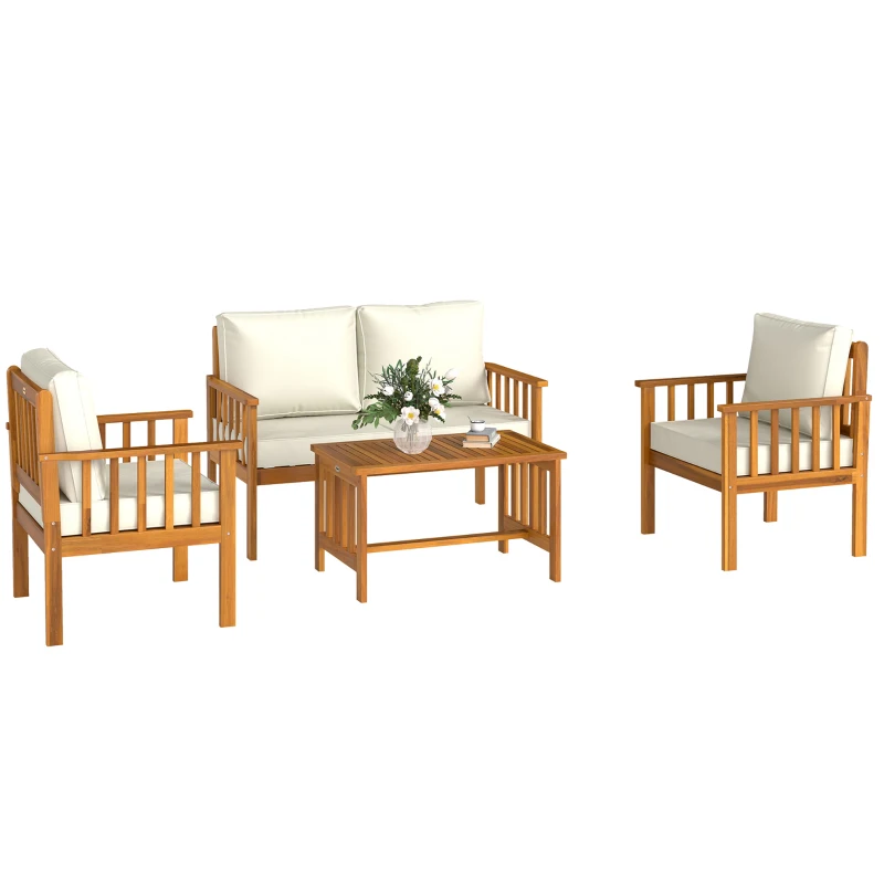 Outsunny Four-Piece Acacia Wood Garden Sofa Set - Teak/Cream
