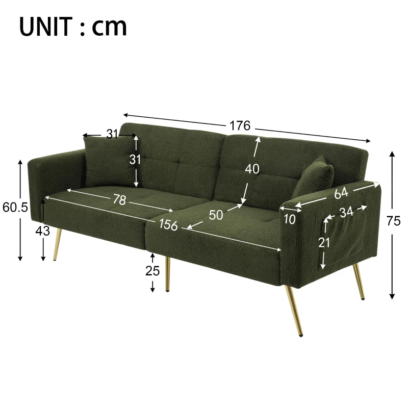 Convertible Sofa Bed with Adjustable Backrest, Gold Legs, Side Pockets, Sherpa Fabric Loveseat for Living Room, 176L x 64W x 75H cm, Green